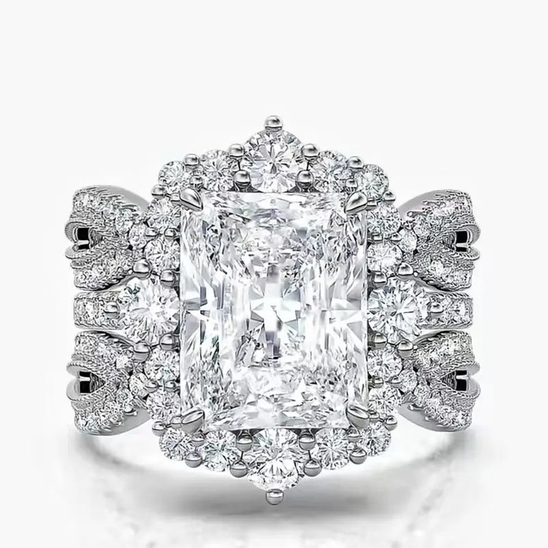 S925 Sterling Silver 5.2CT Radiant Cut Engagement Ring Set, Luxury 5A Cubic Zirconia Halo Bridal Jewelry