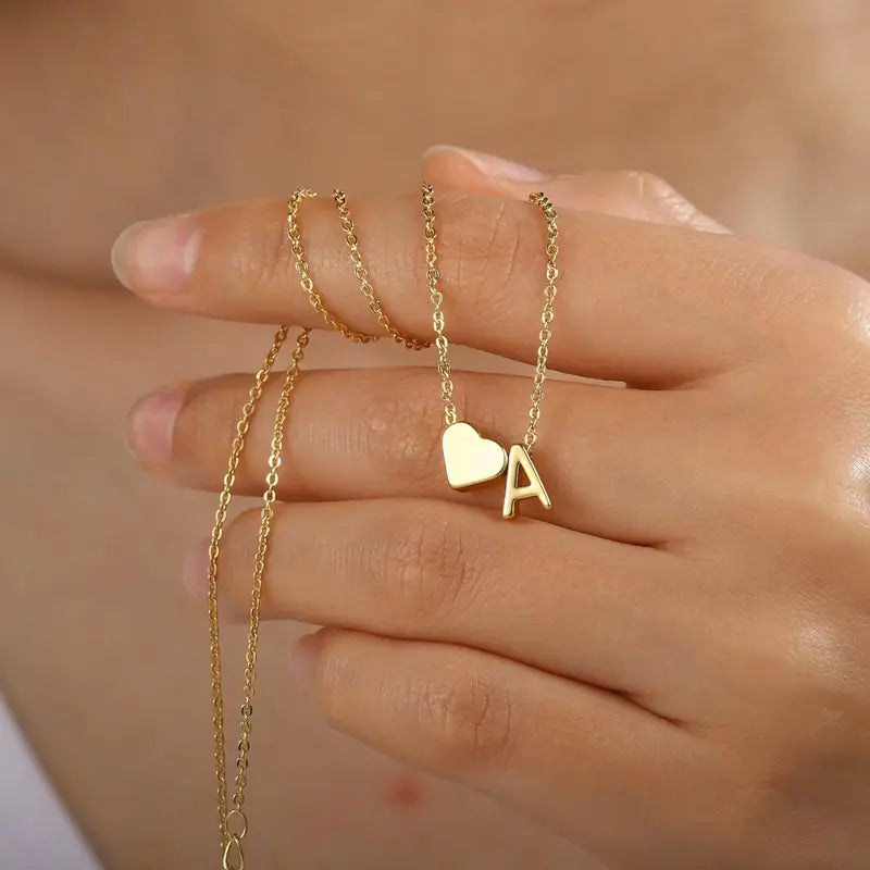 Dainty Golden Heart Initial Necklace - A-Z Letter Tag Pendant Jewelry for Women