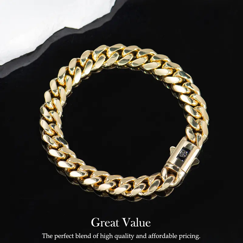 14K Real Gold-Plated Royal Monaco Cuban Bracelet, Italian Style Jewelry for Men and Women