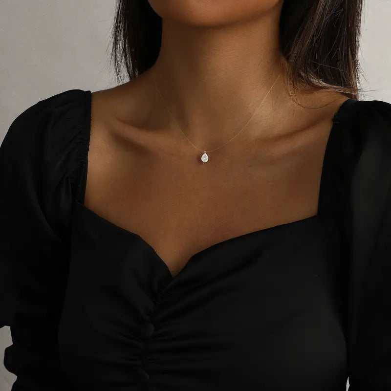 Sparkling CZ Pendant Necklace - 39cm Transparent Cord Adjustable Minimalist Choker for Women