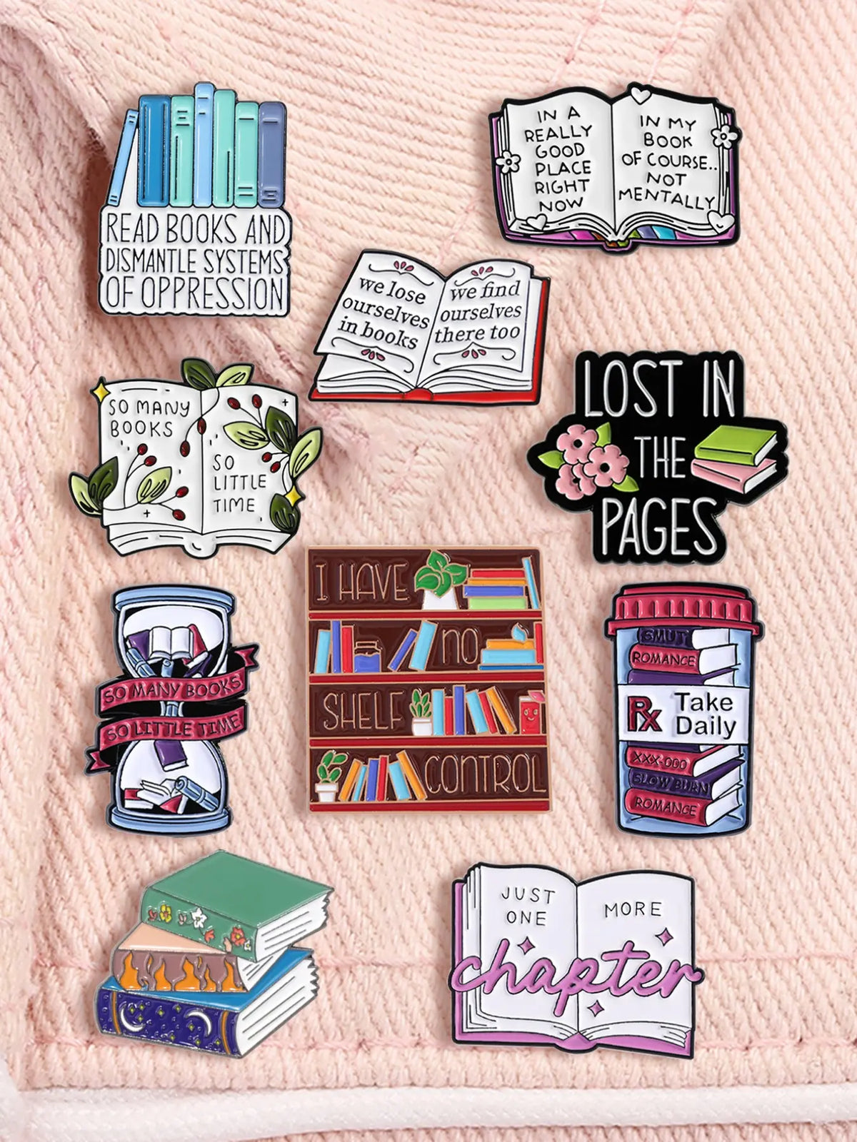 10-Piece Book Lover Pin Set with Bookshelf, Hourglass, and Unique Reading Quote Designs