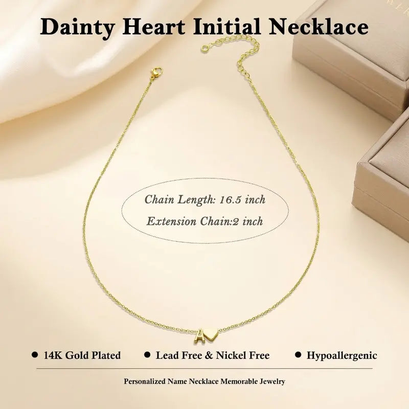 Dainty Golden Heart Initial Necklace - A-Z Letter Tag Pendant Jewelry for Women