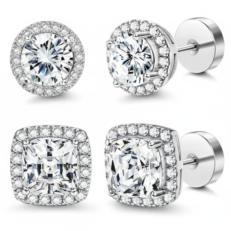 Luxury 4-Pack Zircon Stud Earring Stack - Hypoallergenic Round and Square Gold/Silver Jewelry