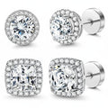 Luxury 4-Pack Zircon Stud Earring Stack - Hypoallergenic Round and Square Gold/Silver Jewelry